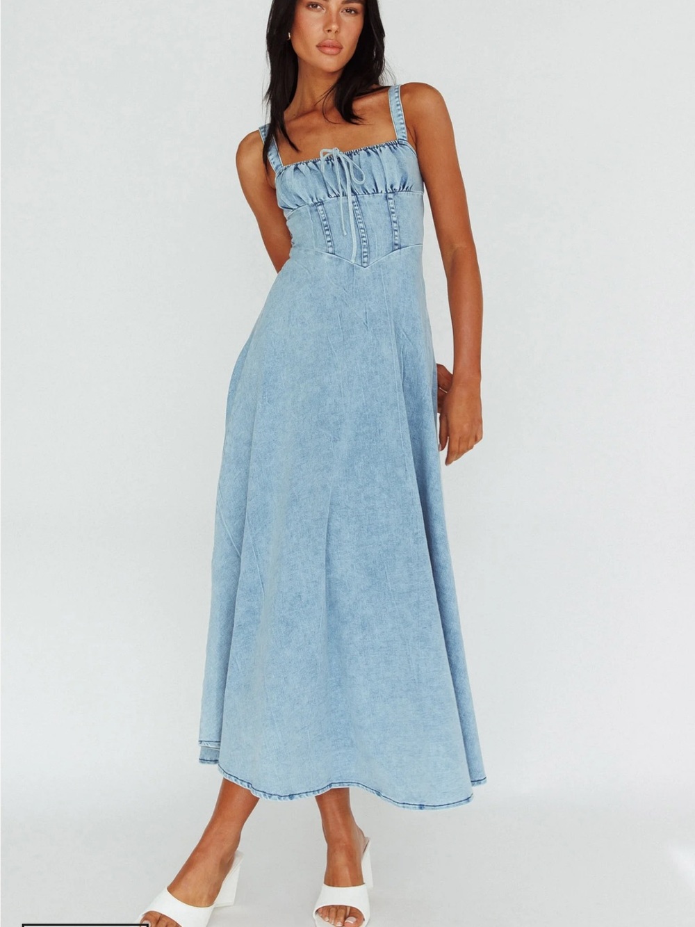 Bobbles & Lace Denim Midi Dress with Corset Detail